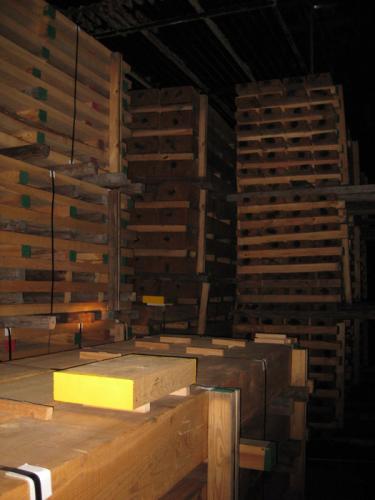 Cypress beams being dried in kiln</br></br>