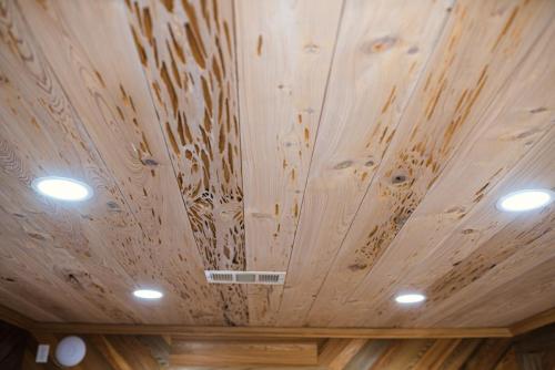 Pecky Cypress ceiling KD 1 x 8 finished with Old Master Wiping Stain.</br></br>